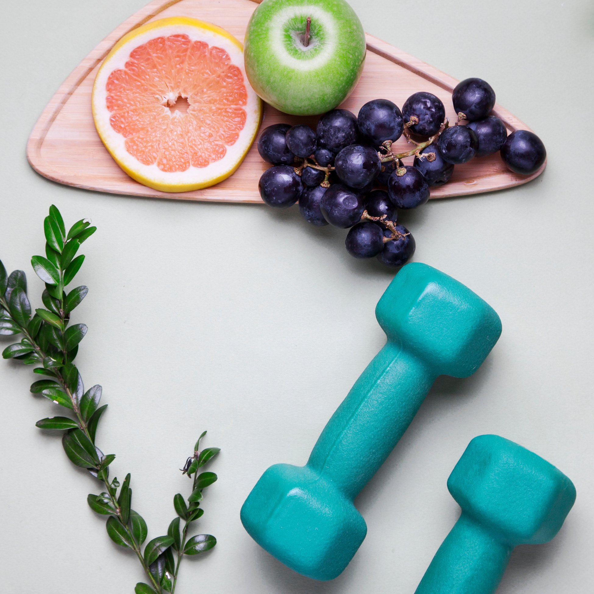 Healthy food and fitness dumbbell